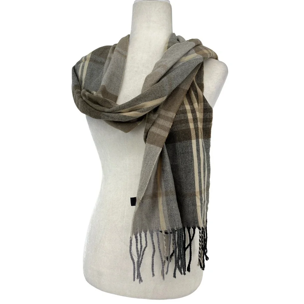 Croft & Barrow Mens Plaid Scarf Grey‎ Tan Cream Acrylic Fringe Tassel 12 x 64